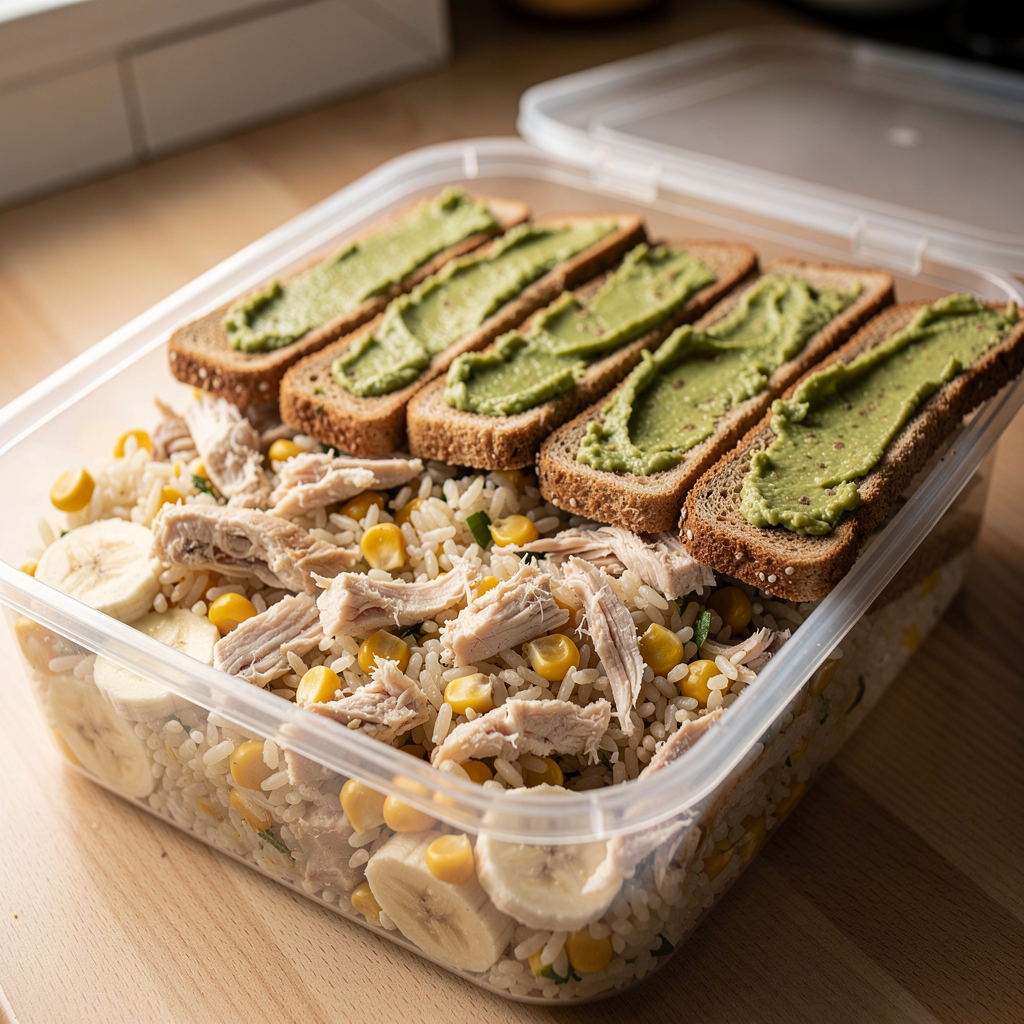 Vianda en un tupper, primer plano: ensalada fria de arroz con pollo desmenuzado y granos de choclo, seis bastones de tostada integral con palta pisada encima y rodajas gruesas de banana.