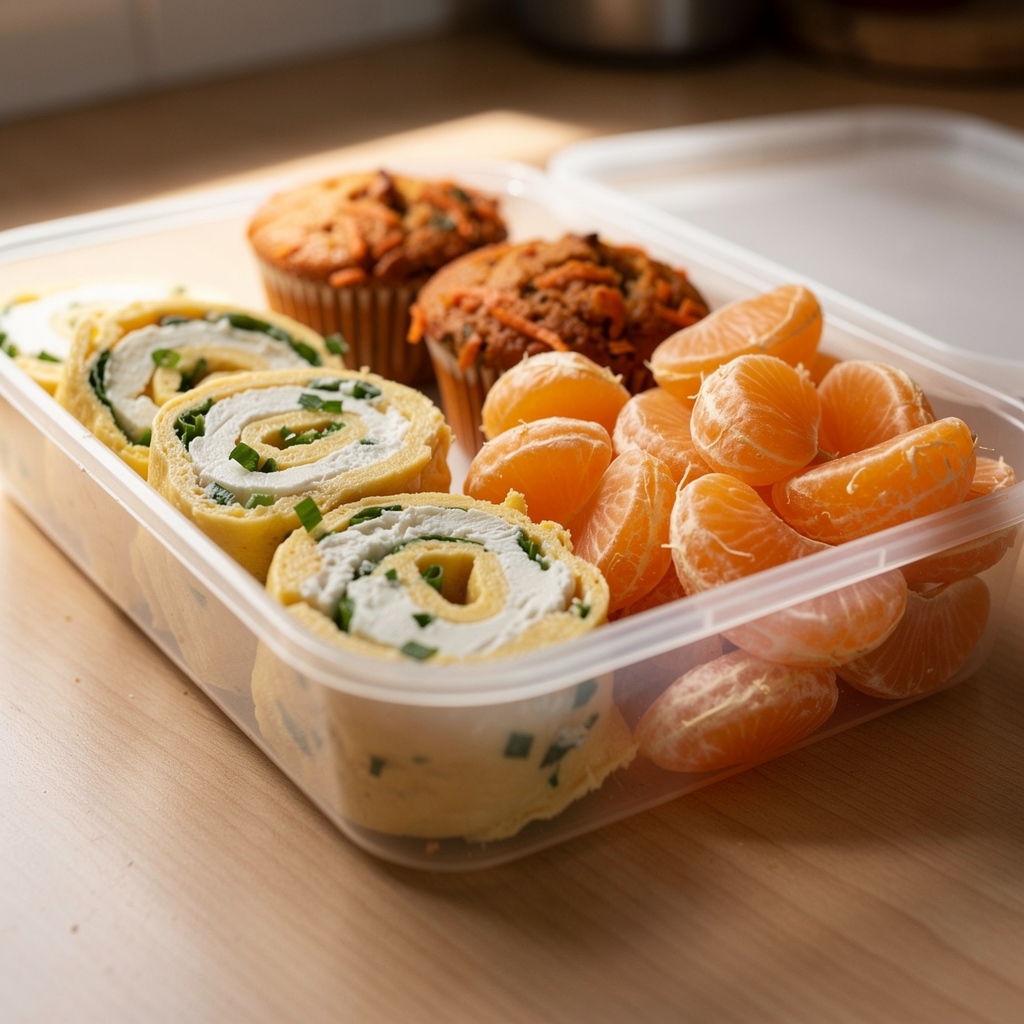Vianda en un tupper, vista de cerca y desde abajo: rueditas de omelette de huevo enrollada con queso crema y cebolla de verdeo, dos muffins de zanahoria y gajos de mandarina, sobre una mesada de madera clara.